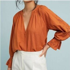 Anthropologie Eri + Ali Darby Peasant Top Eyelet Oversized Cedar